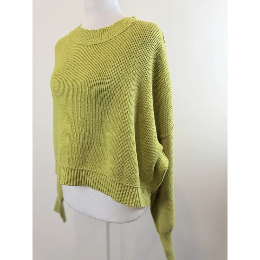 Free People Oversized Cropped Rib Knit Sweater Green Cotton Blend Size S/P